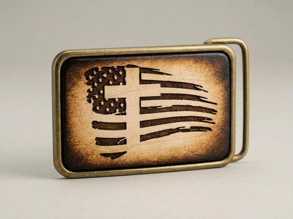 Distressed American Flag Leather Belt Buckle - Rustic Western Style