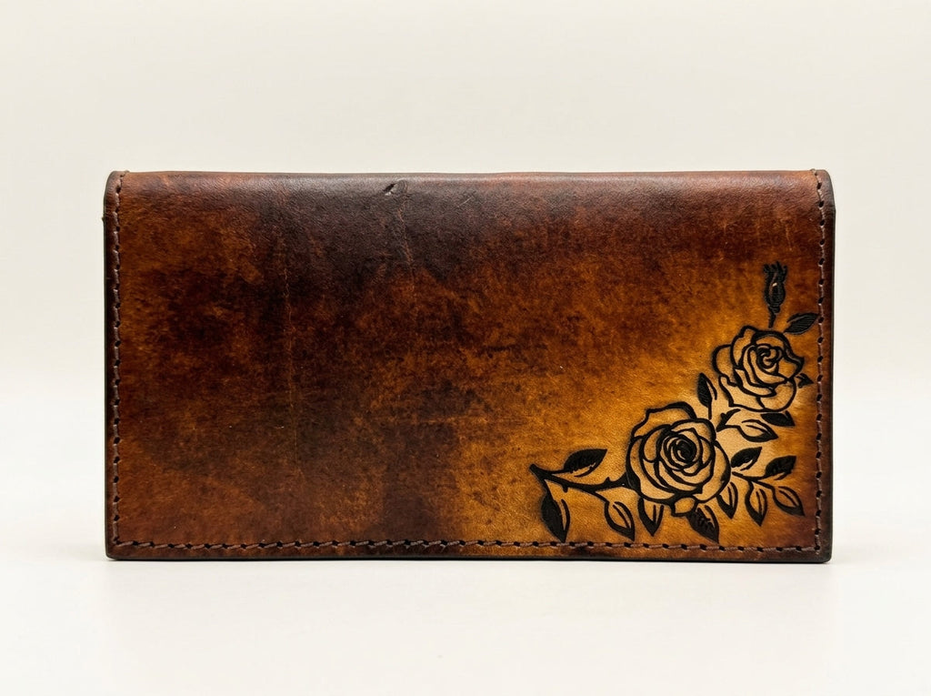 Handcrafted Floral Leather Long Wallet - Vintage Brown Rose Design