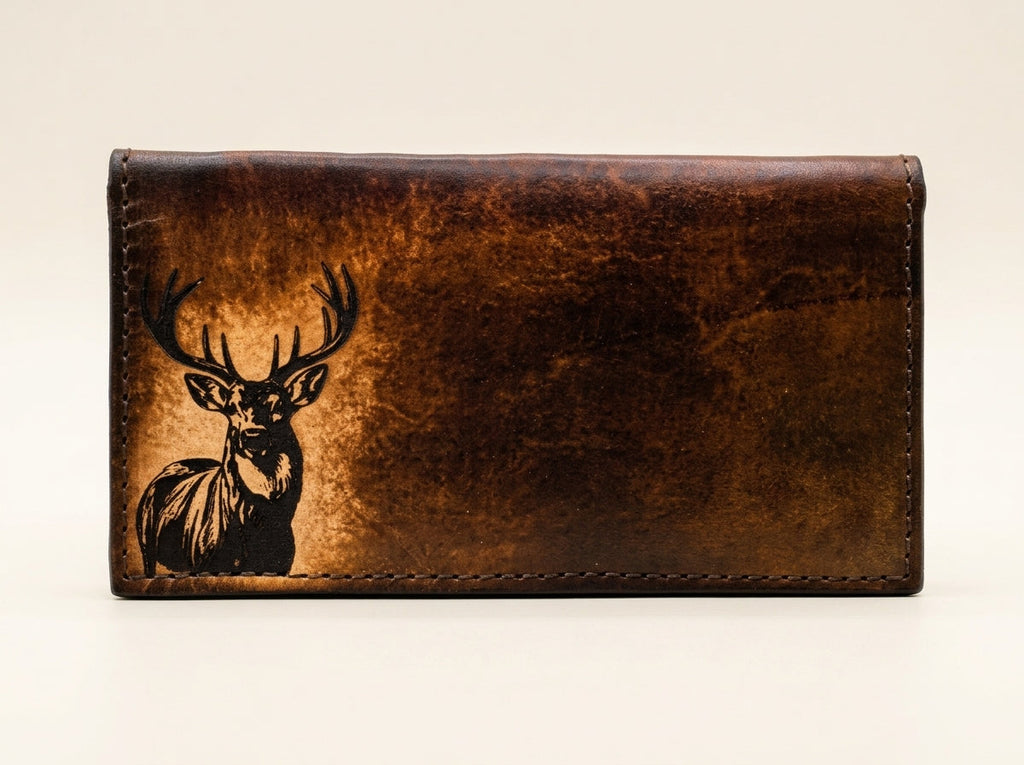 Hand-Burnished Leather Long Wallet with Engraved Deer Design