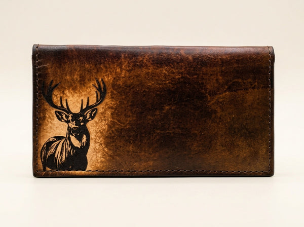 Hand-Burnished Leather Long Wallet with Engraved Deer Design