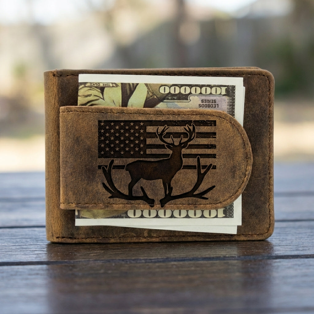 Rustic Leather Money Clip Wallet - Deer American Flag Design