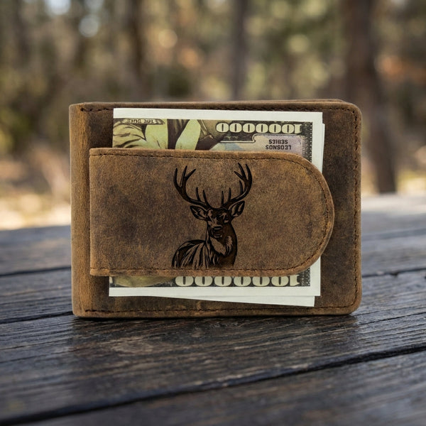 Leather Wallet Money Clip with Deer Engraving