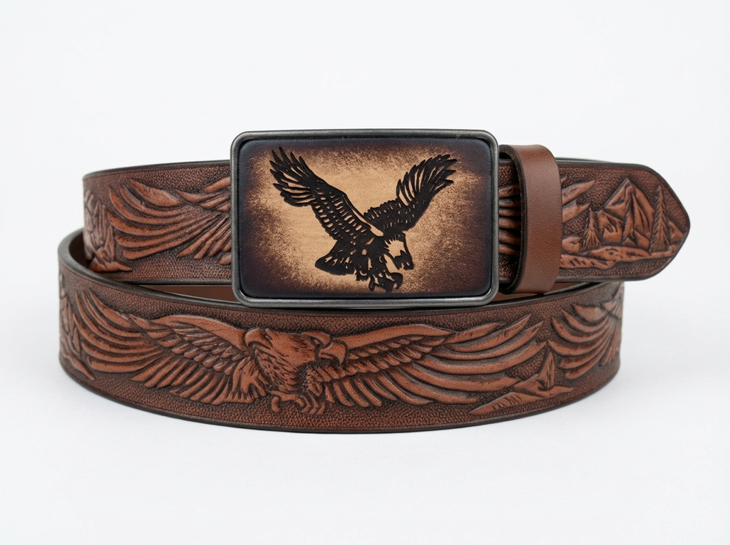 Eagle in Flight Design Handcrafted Leather Inlay Belt Buckle