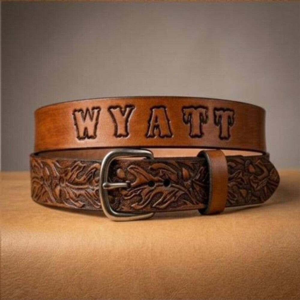 Personalized Kids Leather Belt - Western Oak Leaf Cowboy Belt | Millers Leather Shop