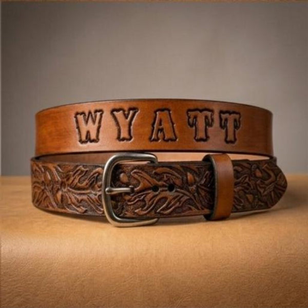 Personalized Kids Leather Belt - Western Oak Leaf Cowboy Belt | Millers Leather Shop
