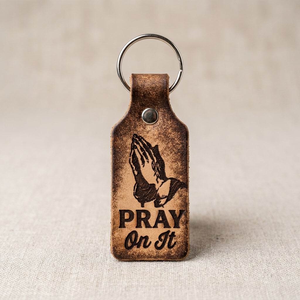 "Pray On It" Engraved Leather Keychain with Praying Hands