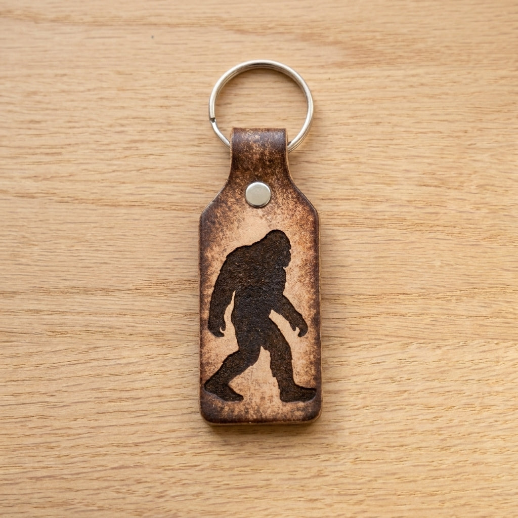 Bigfoot Engraved Leather Keychain - Rustic Sasquatch Key Fob