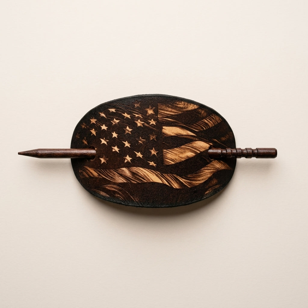 American Flag Leather Hair Slide with Handcrafted Wooden Stick
