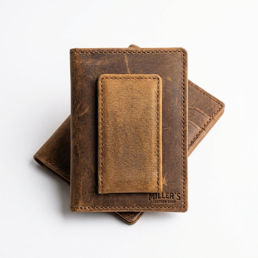 Rustic Leather Money Clip Wallet - Barbed Wire Design