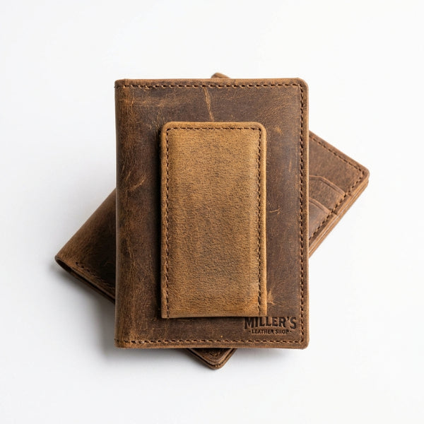 Rustic Leather Money Clip Wallet - Barbed Wire Design