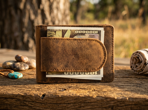 Leather Wallet Money Clip with Deer Engraving