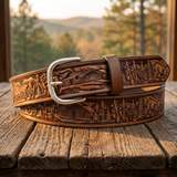 Deer Hunter Hand Tooled Leather Belt