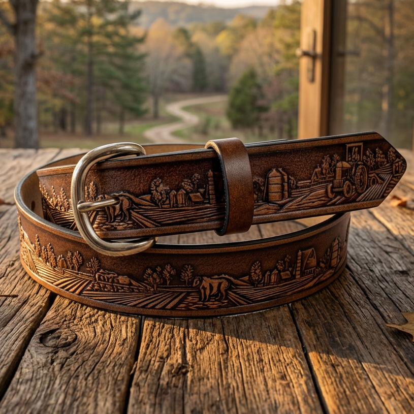 Custom Farm Tooled Leather Belt - Handmade Tractor Belt | Made in