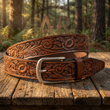 Handmade Carved Morning Glory Western Leather Belt - Tooled Full Grain Cowhide