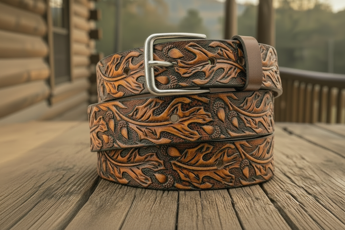 Custom Carved Leather Belt - Oak Leaf and Acorn Design