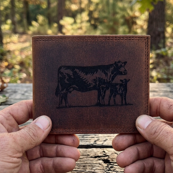 Leather Wallet with Cow and Calf Design, Rustic Bifold