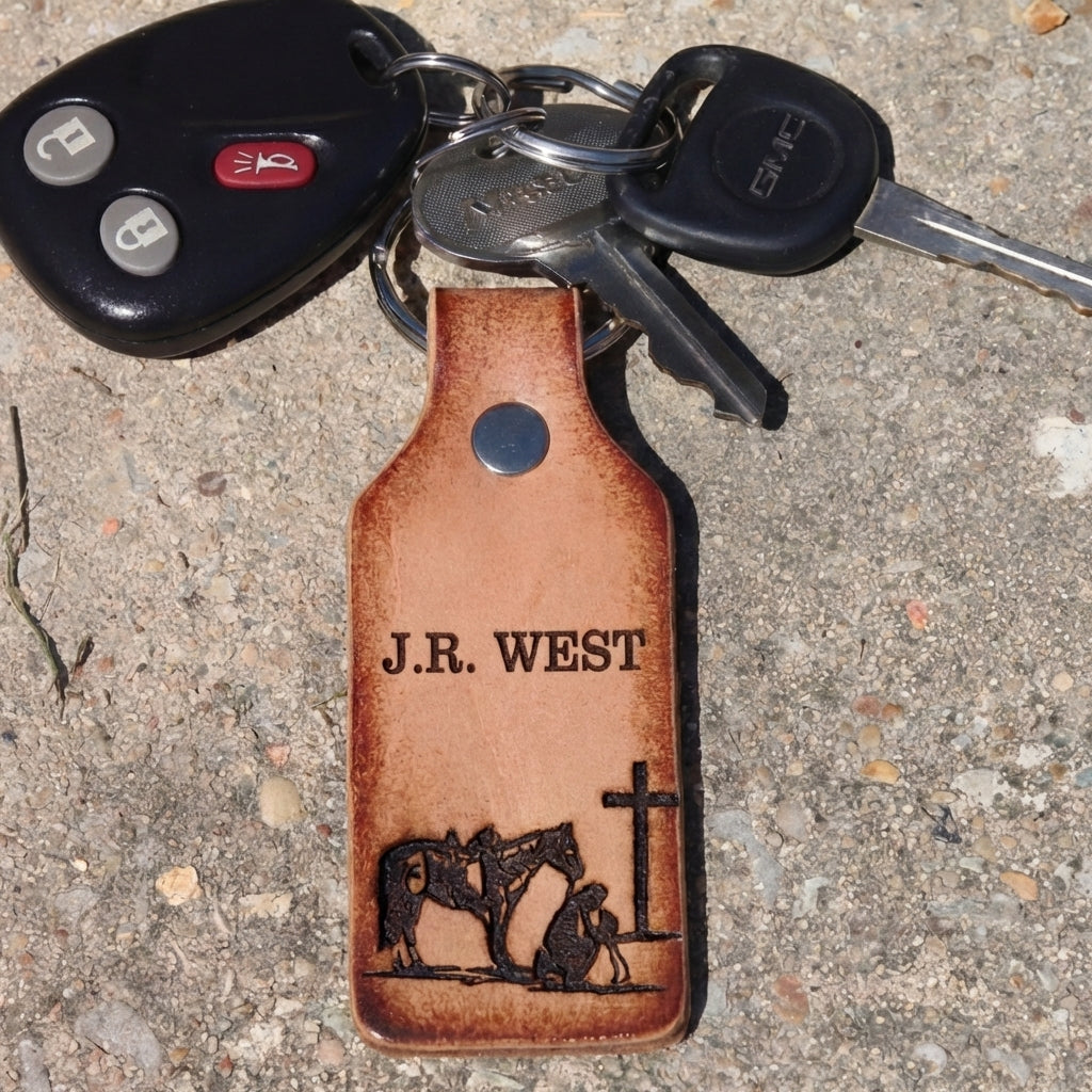 Cowboy Prayer Leather Keychain - Personalized Engraved Western Gift