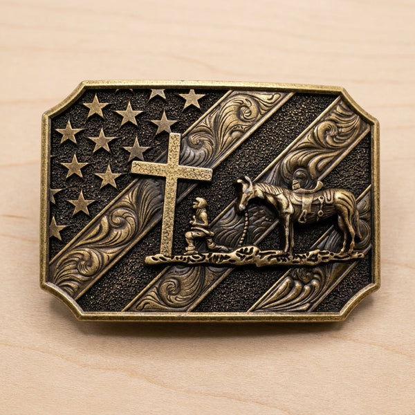 Western Praying Cowboy and Horse Belt Buckle with American Flag Motif