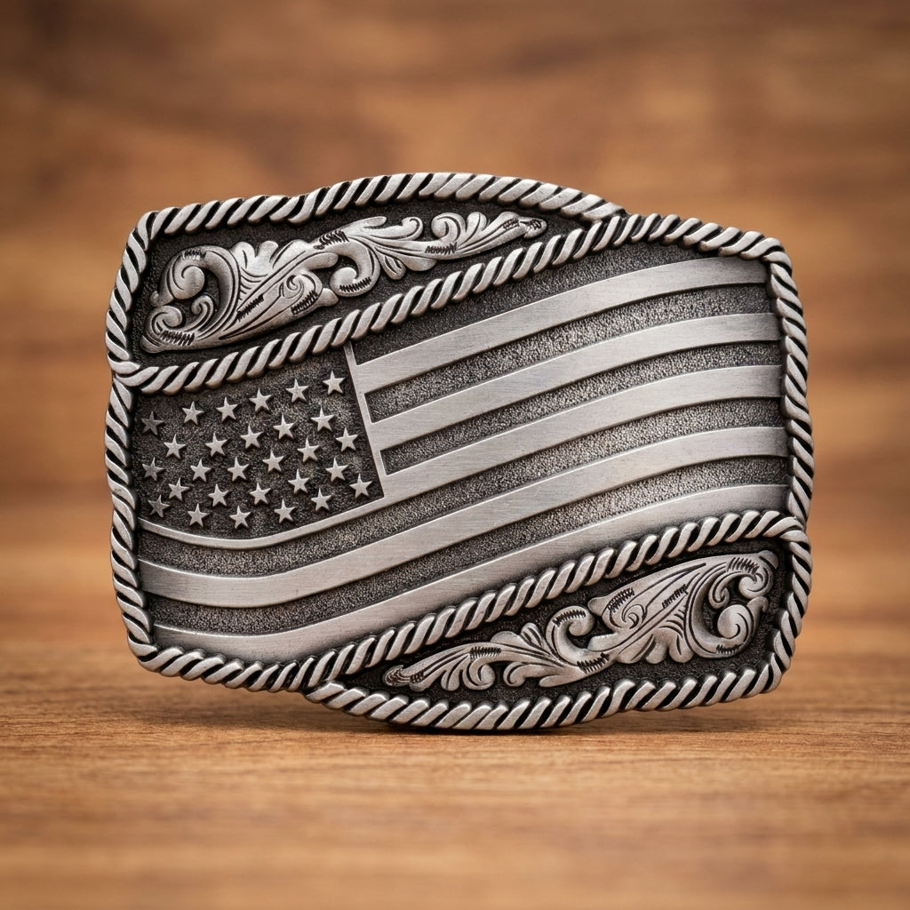 Antique Silver American Flag Western Belt Buckle with Floral Scrollwork