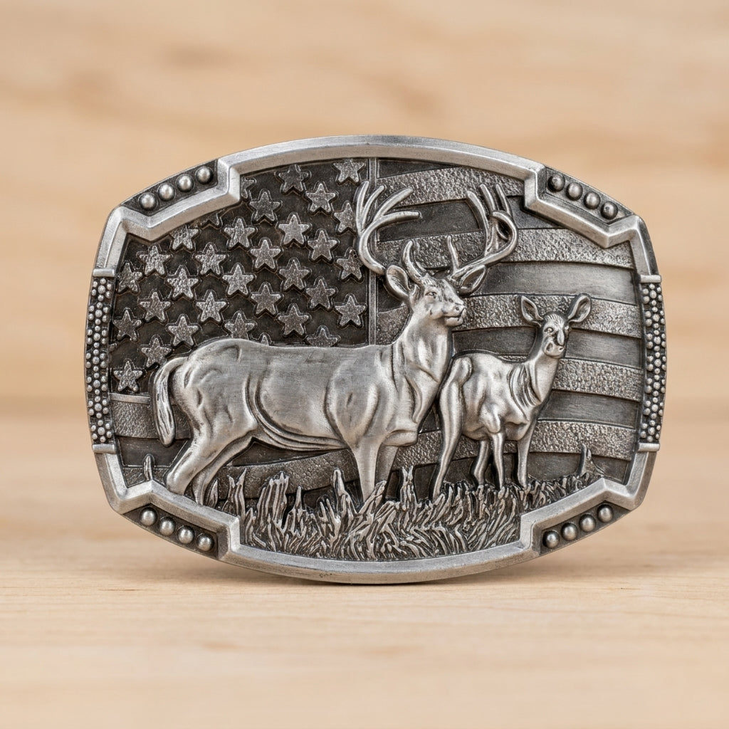 Deer, American Flag Metal Belt Buckle