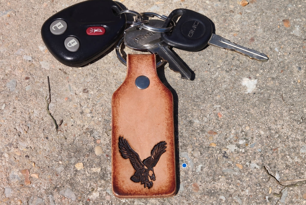Leather Eagle Keychain - Handcrafted Brown Embossed Key Fob - Genuine 