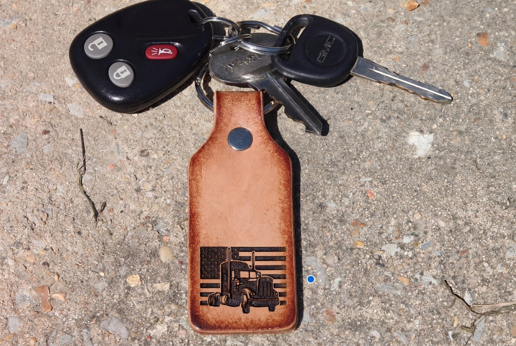 Leather Semi-Truck American Flag Keychain - Patriotic Trucker Gift - R