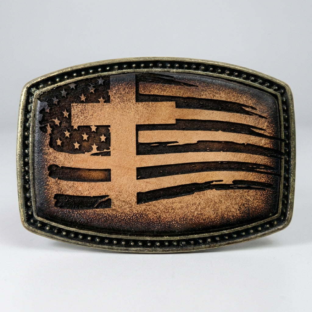 Leather Patriotic American Flag and Cross Belt Buckle