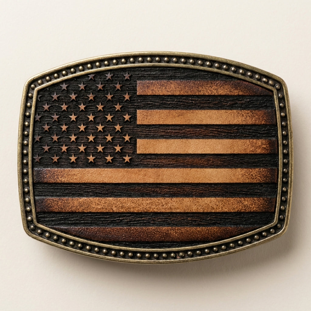 Rustic Leather American Flag Belt Buckle with Studded Metal Border