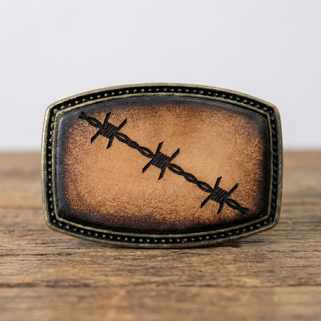 Rustic Barbed Wire Leather Inlay Western Belt Buckle