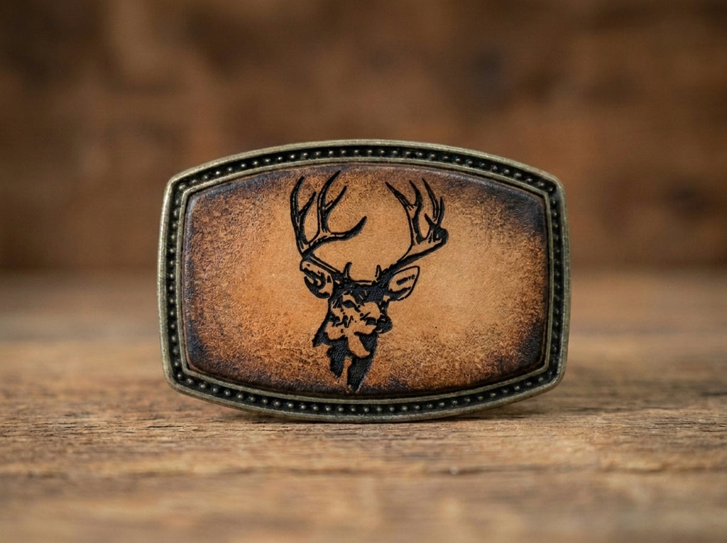Rustic Engraved Deer Head Leather Belt Buckle