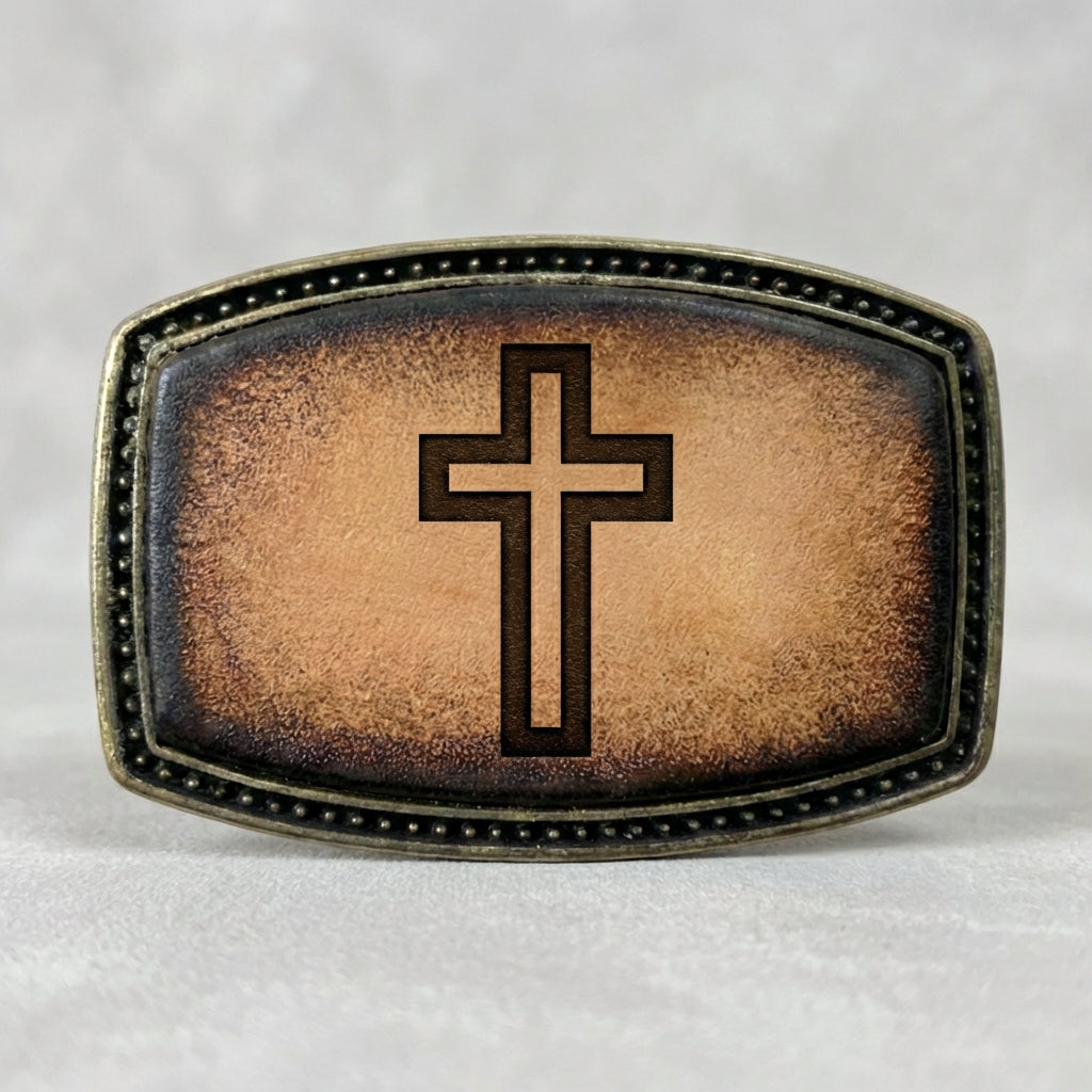 Rustic Cross Tooled Leather Look Western Belt Buckle