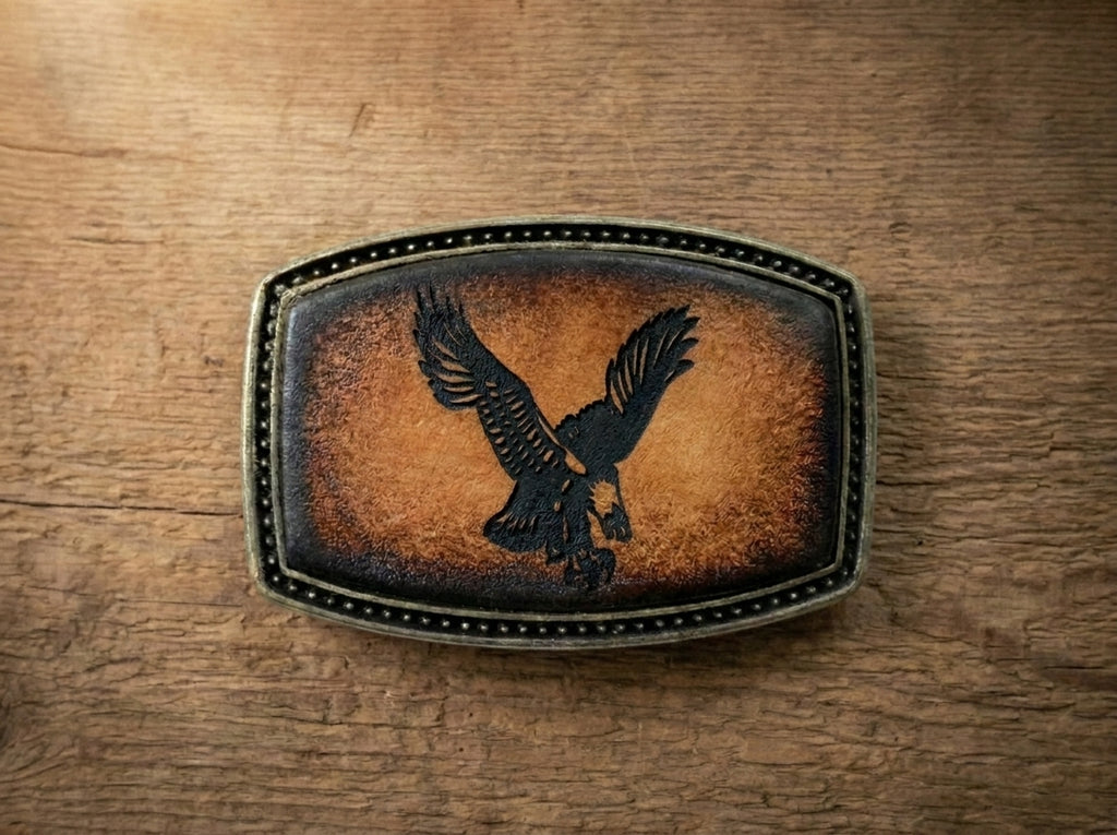 Vintage Western Eagle Embossed Leather Belt Buckle