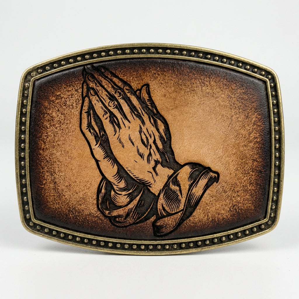 Antique Brass Praying Hands Leather-Look Belt Buckle