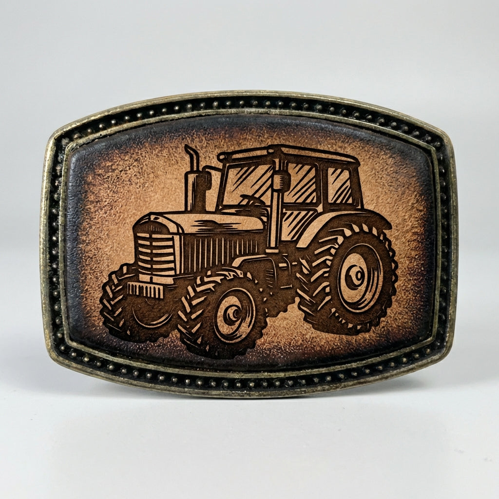 Tractor Laser Engraved Leather Belt Buckle - Rustic Country Style