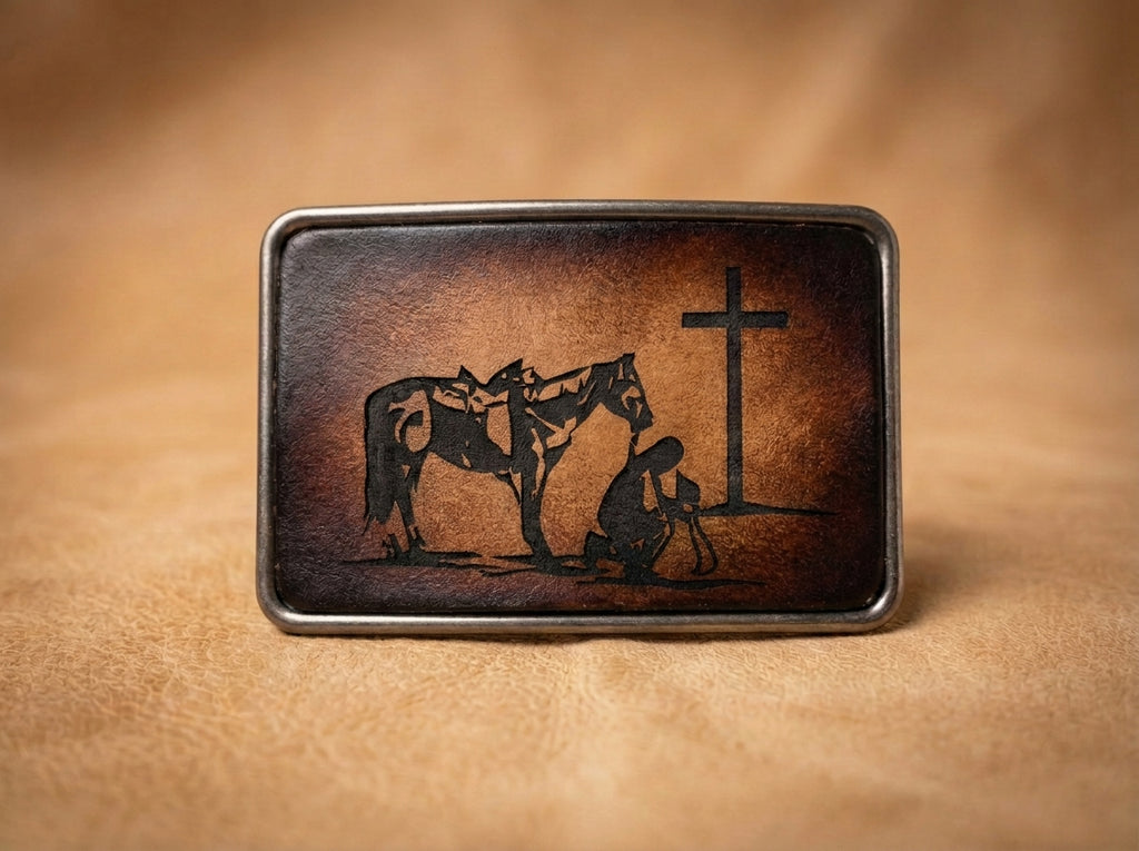 Christian Cowboy Praying Leather Inlay Western Belt Buckle