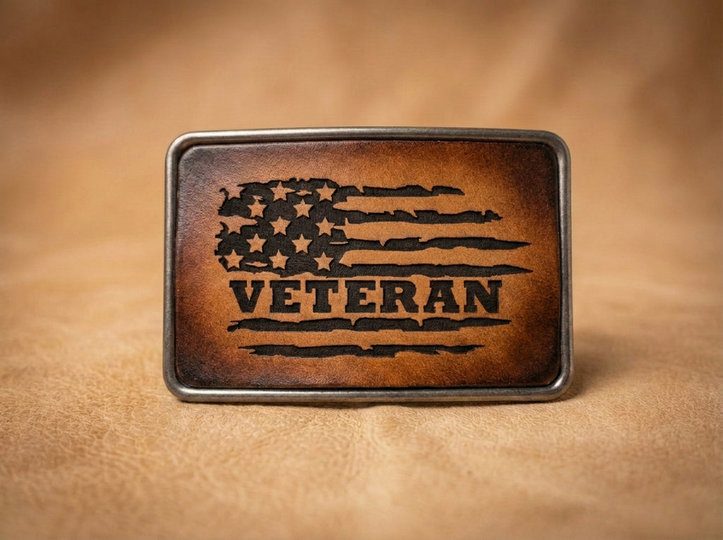 Distressed Leather American Flag Veteran Belt Buckle