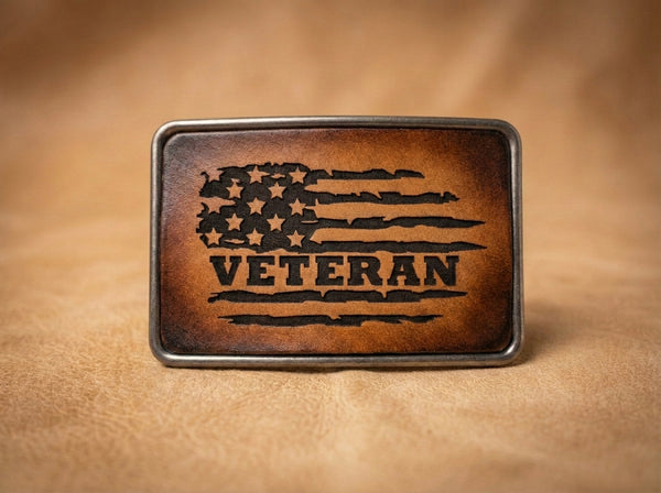 Distressed Leather American Flag Veteran Belt Buckle