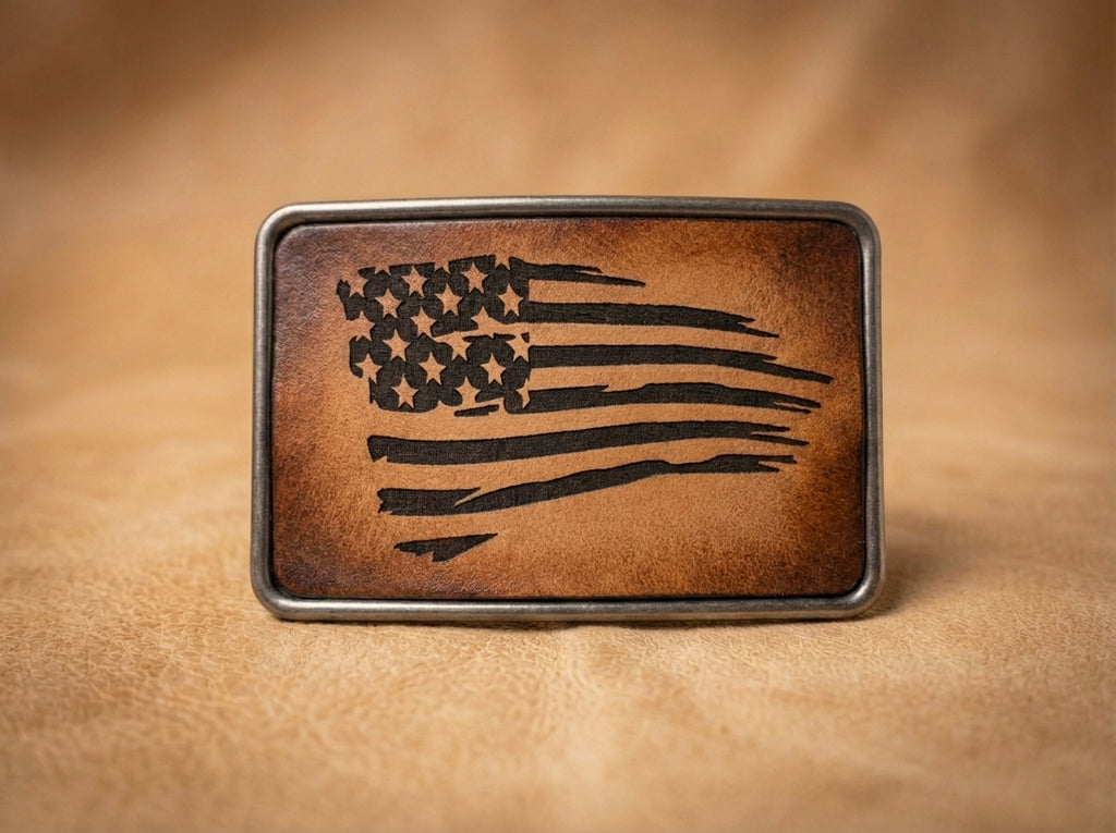 Distressed American Flag Leather Belt Buckle - Rustic Western Style