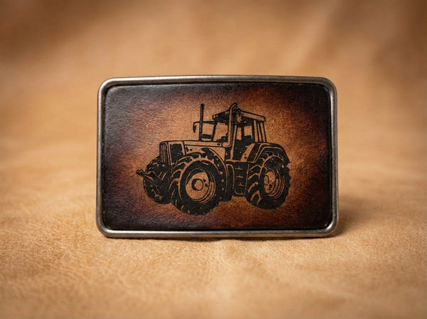 Rustic Leather Tractor Belt Buckle - Vintage Farming Accessory