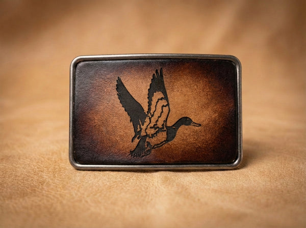 Handcrafted Leather Flying Duck Belt Buckle - Rustic Mallard Design