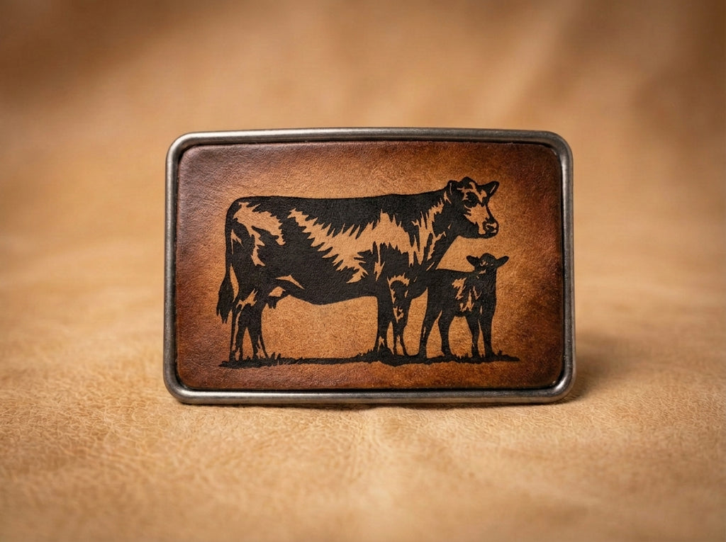 Cow and Calf Leather Inlay Western Belt Buckle