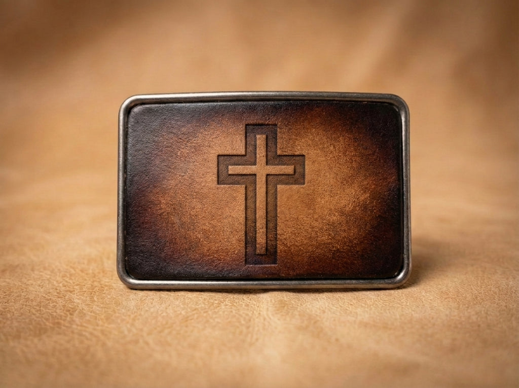 Rustic Leather Inlay Cross Belt Buckle - Vintage Christian Accessory