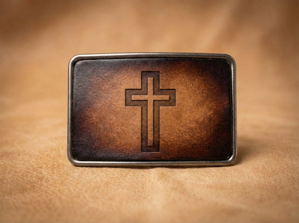 Rustic Leather Inlay Cross Belt Buckle - Vintage Christian Accessory