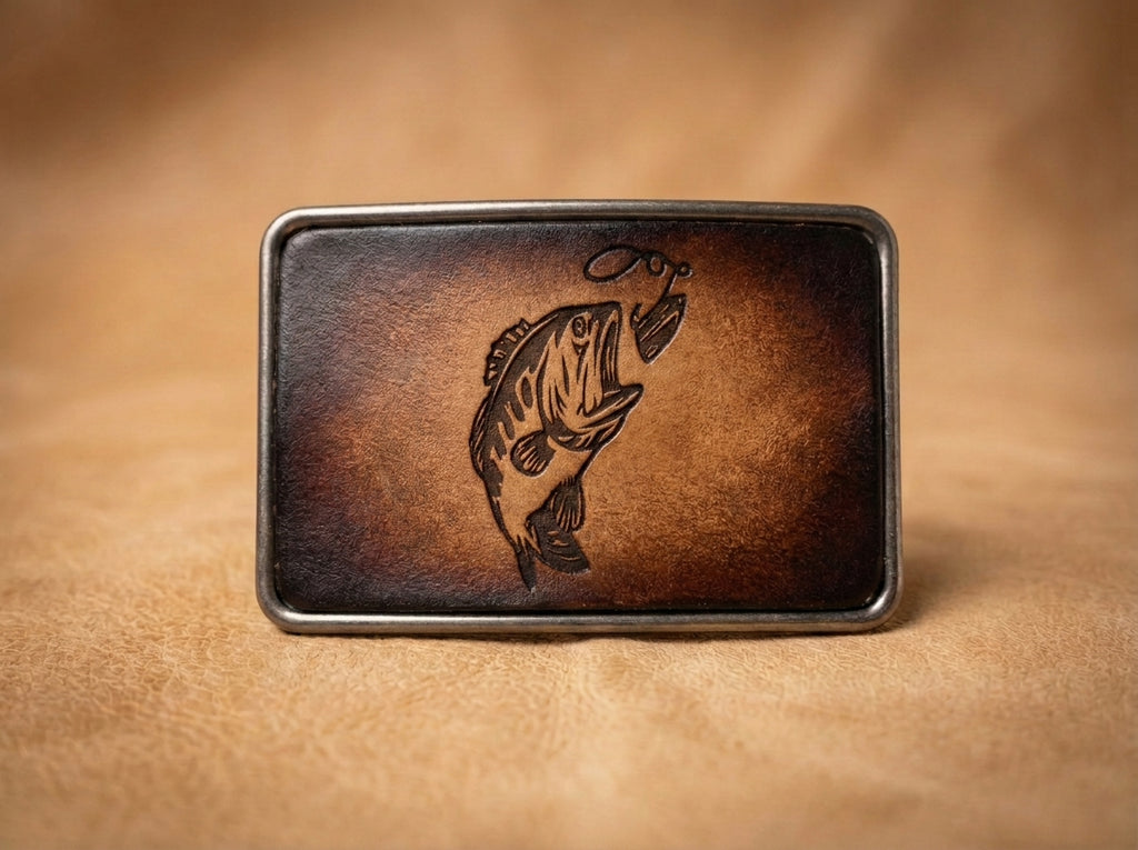 Handmade Leather Bass Fishing Belt Buckle with Embossed Fish Design