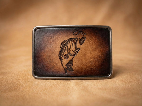 Handmade Leather Bass Fishing Belt Buckle with Embossed Fish Design