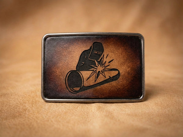 Hand-Tooled Leather Welder Belt Buckle - Pipe Welding Design
