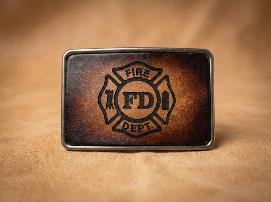 Firefighter Fire Dept FD Leather Inlay Belt Buckle - Vintage Style