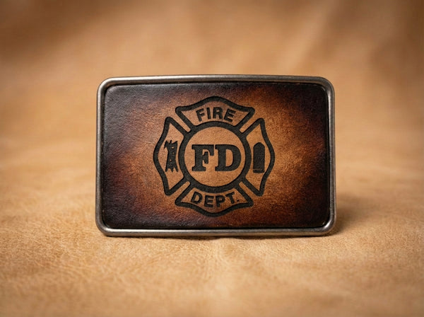 Firefighter Fire Dept FD Leather Inlay Belt Buckle - Vintage Style