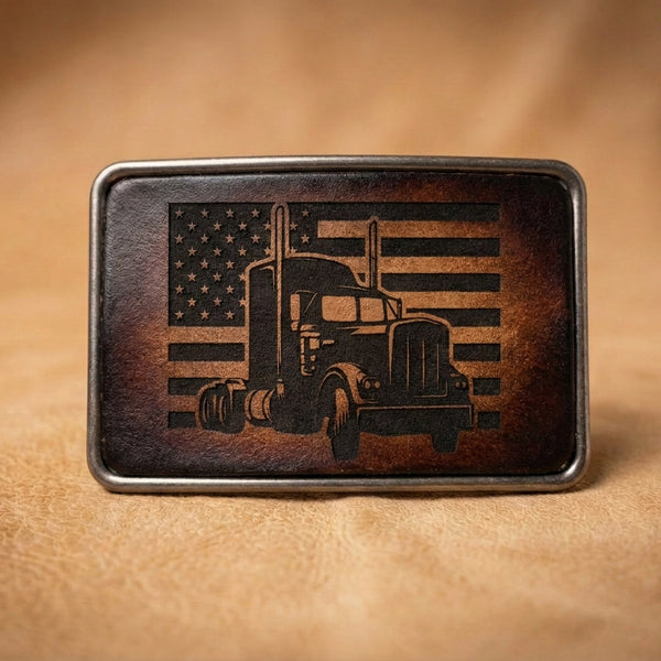 Patriotic Leather Semi-Truck Belt Buckle with American Flag