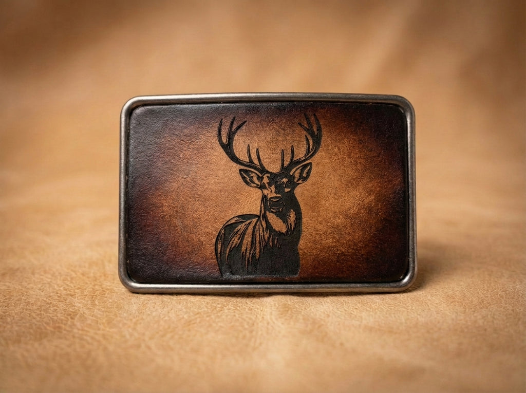 Handcrafted Engraved Leather Deer Stag Belt Buckle - Western Style